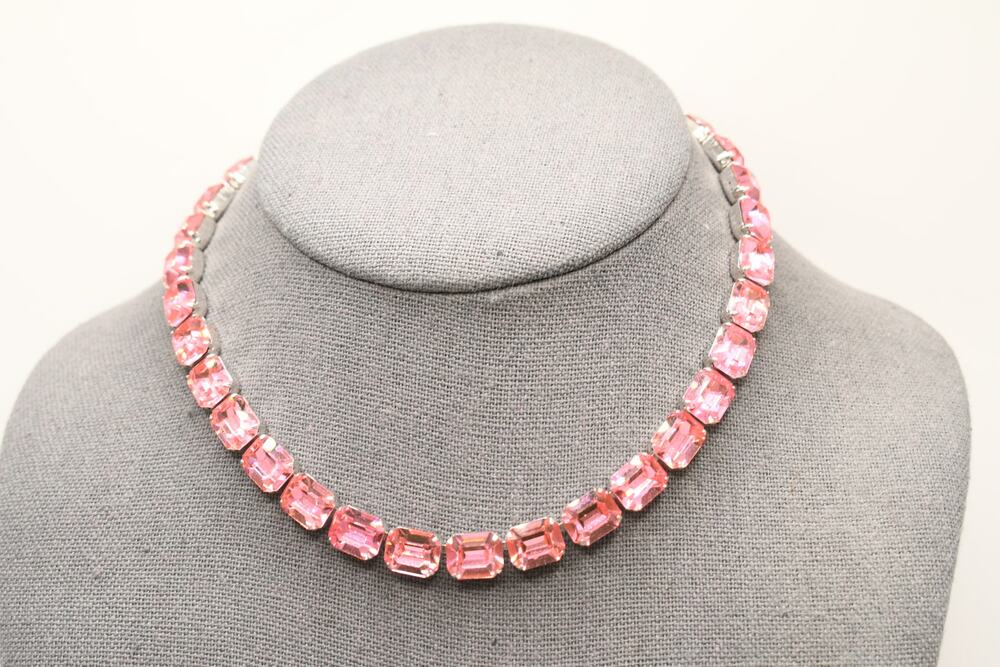 Vintage Kramer Pink Rhinestone Choker Necklace 15" Emerald Cut Signed